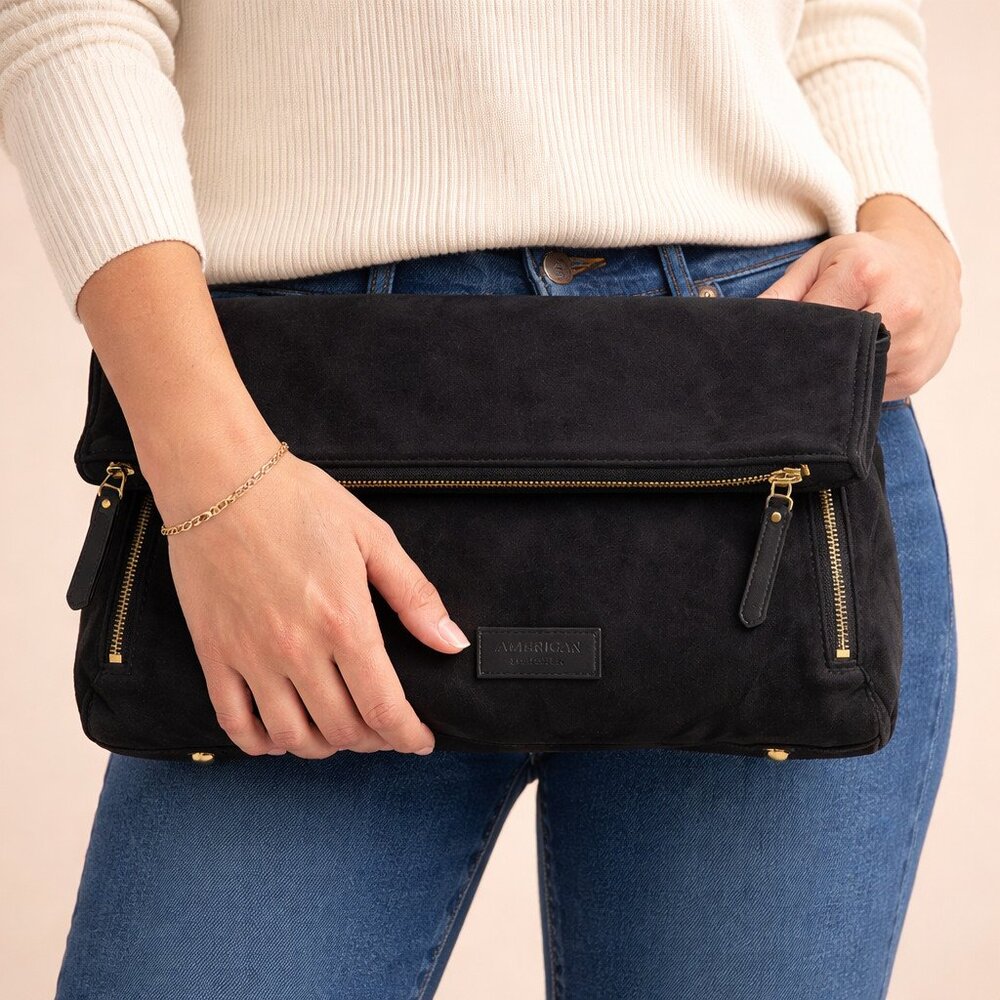 American Leather Co. Ella Black Nubuck Leather Crossbody Foldover Clutch Bag - Picture 3 of 8